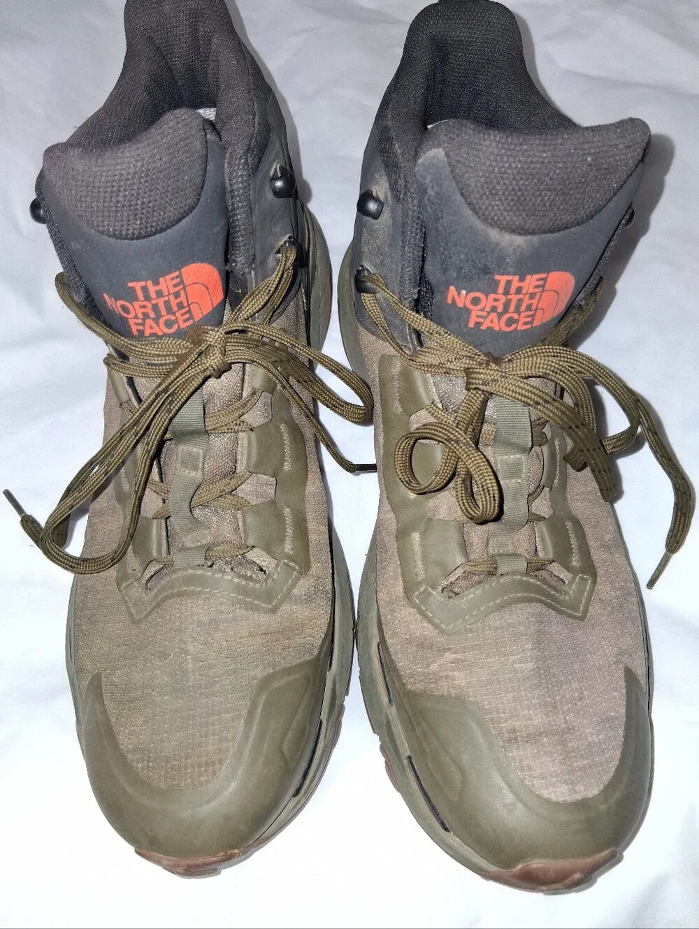 The North Face Olive Green Hiking Boots with Orange Logo Accents